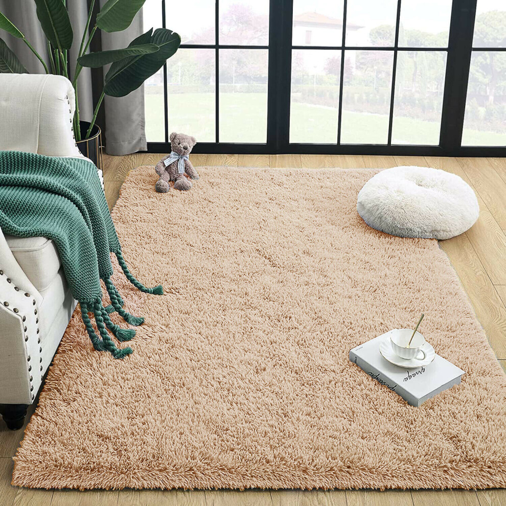 (Beige, 120 x 170 cm) Shaggy Rugs Non-Slip Living Room Runner Carpet Mat