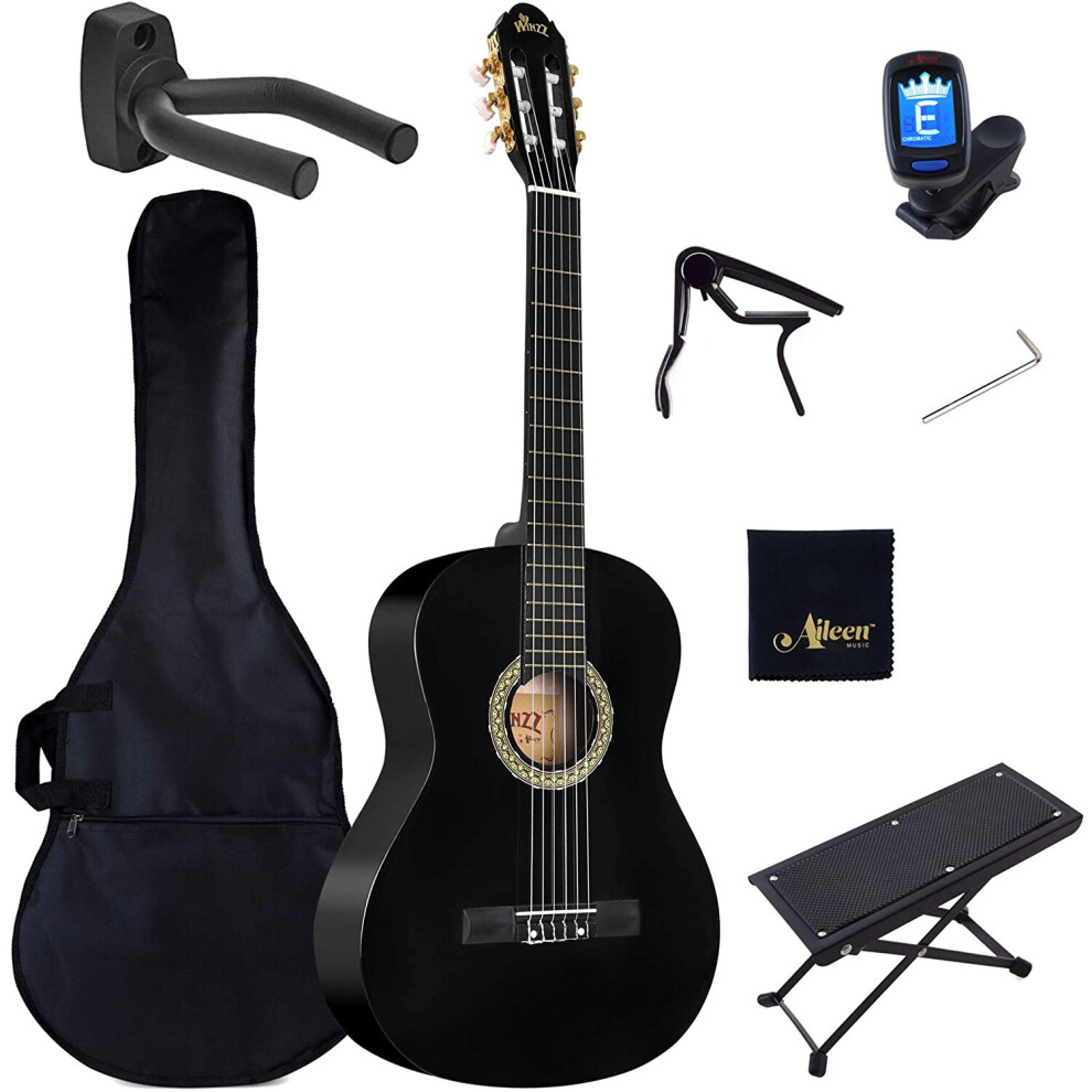 Winzz Classical Guitar Full Size Nylon-String Beginner Pack (39 Inches) with Footstool, Wall Mount Hanger, Capo, E-tuner, Gig Bag, Polishing Cloth and