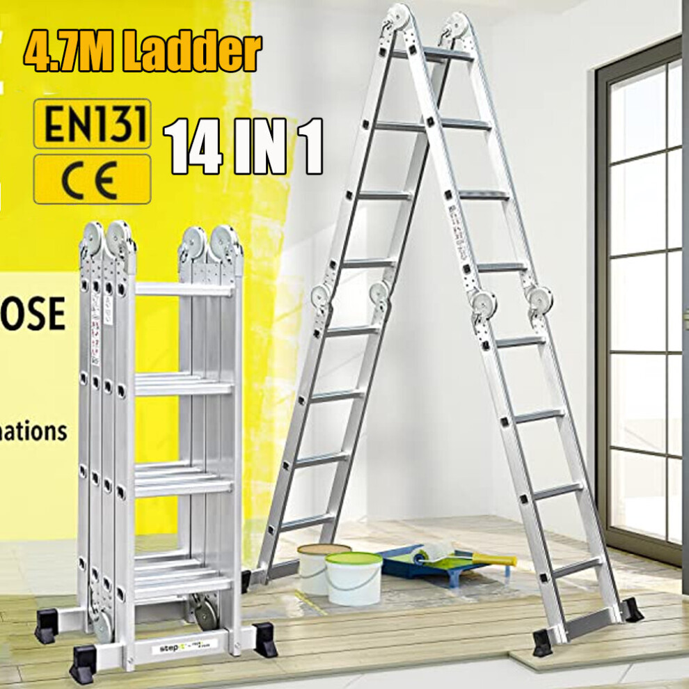 4.7M 14 in 1 Aluminium Folding Ladder Multi Position Purpose Platform