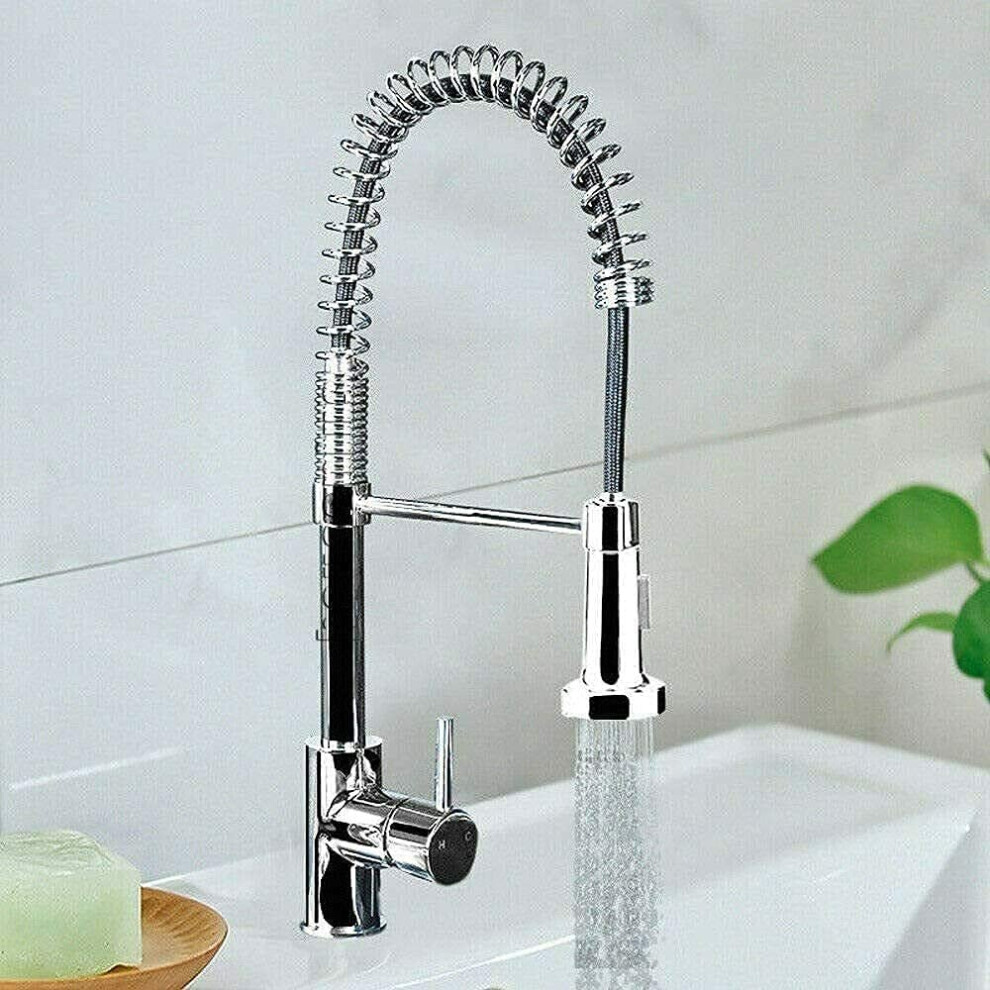 Chrome Monobloc Kitchen Sink Mixer Tap Swivel and Spring Spout Pull Out Hose Spray Single Lever Swan Neck Faucet