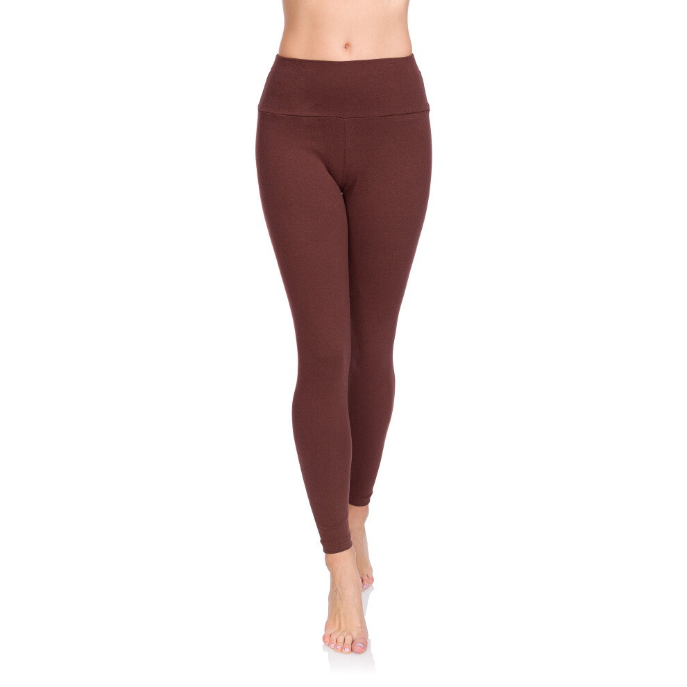 (Brown, 10) FUTURO FASHION Women's Cotton Rich Full Length High Waisted Leggings Tummy Control Yoga Fitness Ladies Solid Slimming Stretchy Pants Plus