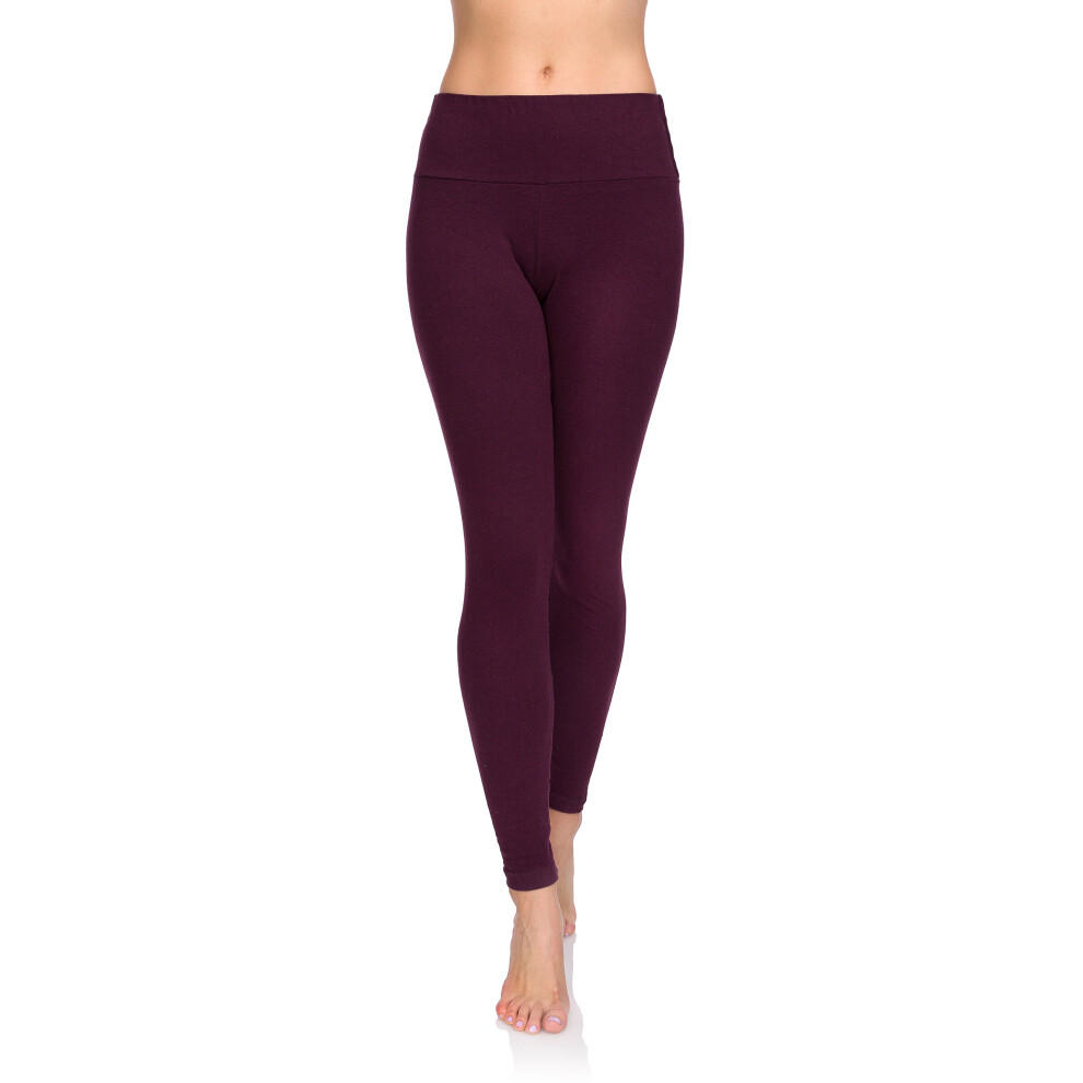 (Plum, 12) FUTURO FASHION Women's Cotton Rich Full Length High Waisted Leggings Tummy Control Yoga Fitness Ladies Solid Slimming Stretchy Pants Plus S