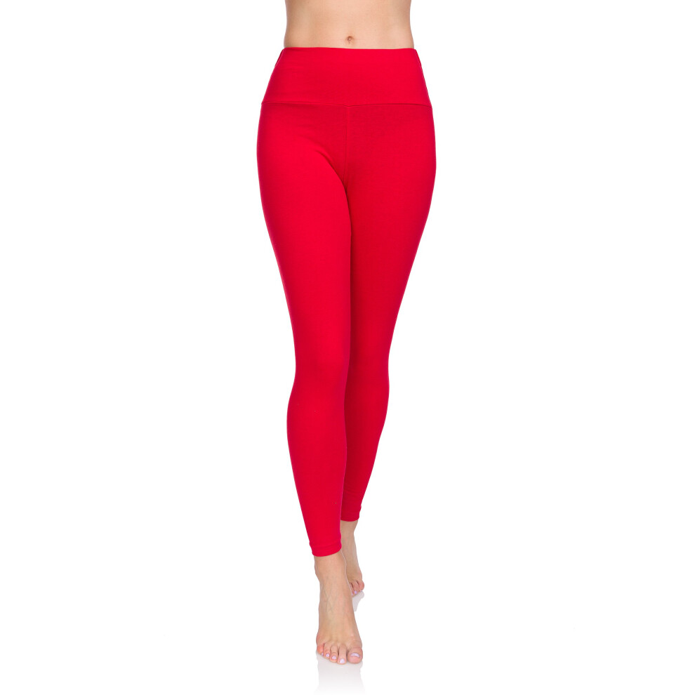 (Red, 28) FUTURO FASHION Women's Cotton Rich Full Length High Waisted Leggings Tummy Control Yoga Fitness Ladies Solid Slimming Stretchy Pants Plus Sizes LWP