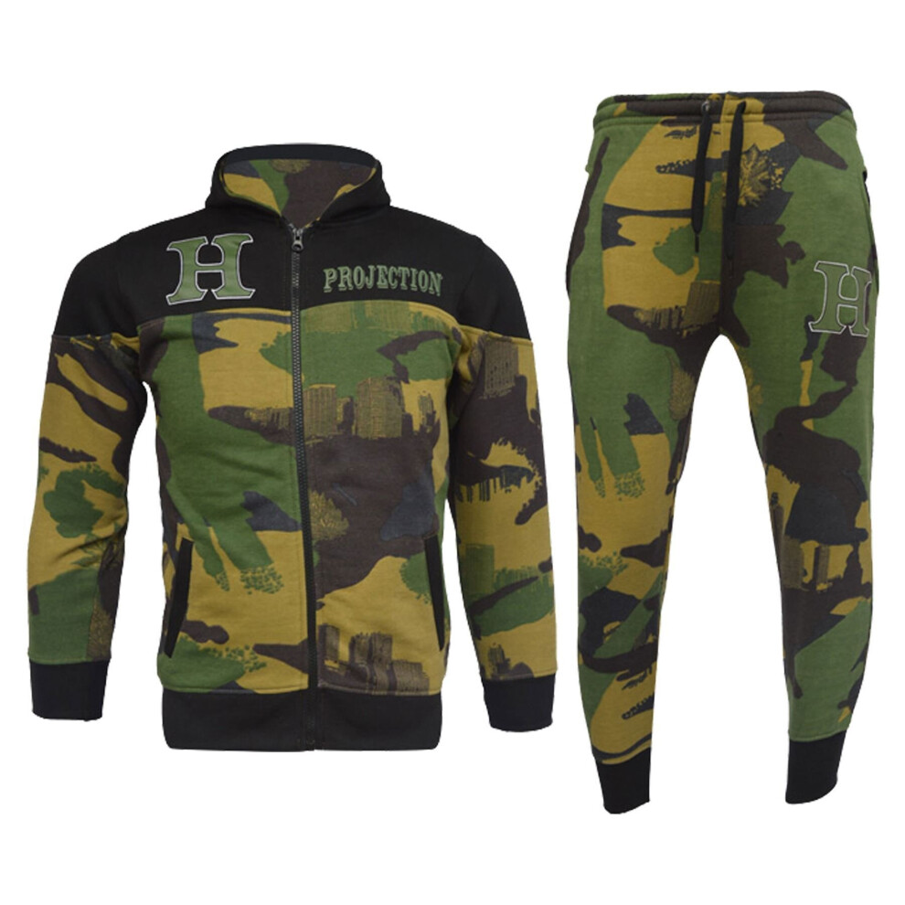 (13 Years, Green) Boys Green HNL Camo Hoodie Bottom Tracksuit 5-13