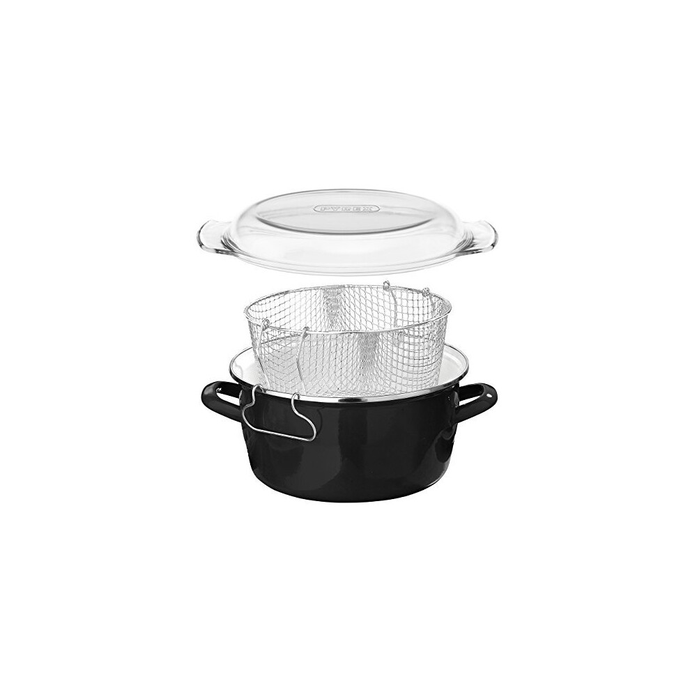 Premier Housewares 5L Deep Fat Fryer Enamel Chip Pan Fryer Glass Lid Chip Fryer Deep Frying Pan Black Deep Fryers Fryer Basket Small Fryer 16x33x