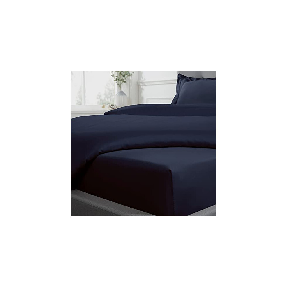 Sleepdown Fitted Sheet 100% Cotton Sateen Soft Cosy 16" 40cm Extra Deep 300 Thread Count Luxury Bedding Bedsheet Bed Linen - Navy Blue - King