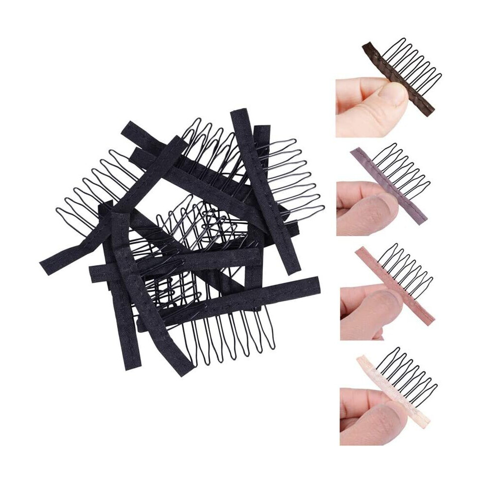 Yantaisiyu Unisex Black 24 Pcs/Lot Wig Combs 7-Teeth Wig Clips Steel Teeth Polyester Durable Cloth Wig Combs For Hairpiece Caps Wig Accessories Tools (Black)