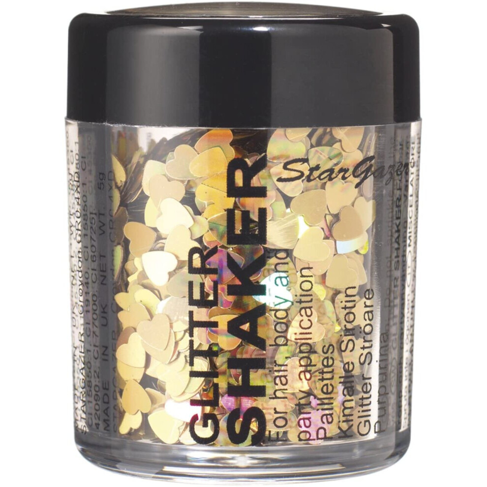 Stargazer Shaped Glitter, Gold Heart. Cosmetic gliter shapes that can be used on the face or body.