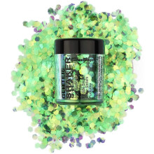 Stargazer Chunky Glitter Shaker, UV Green. Cosmetic glitter for use on the eyes, lips, face, body, hair and nails.
