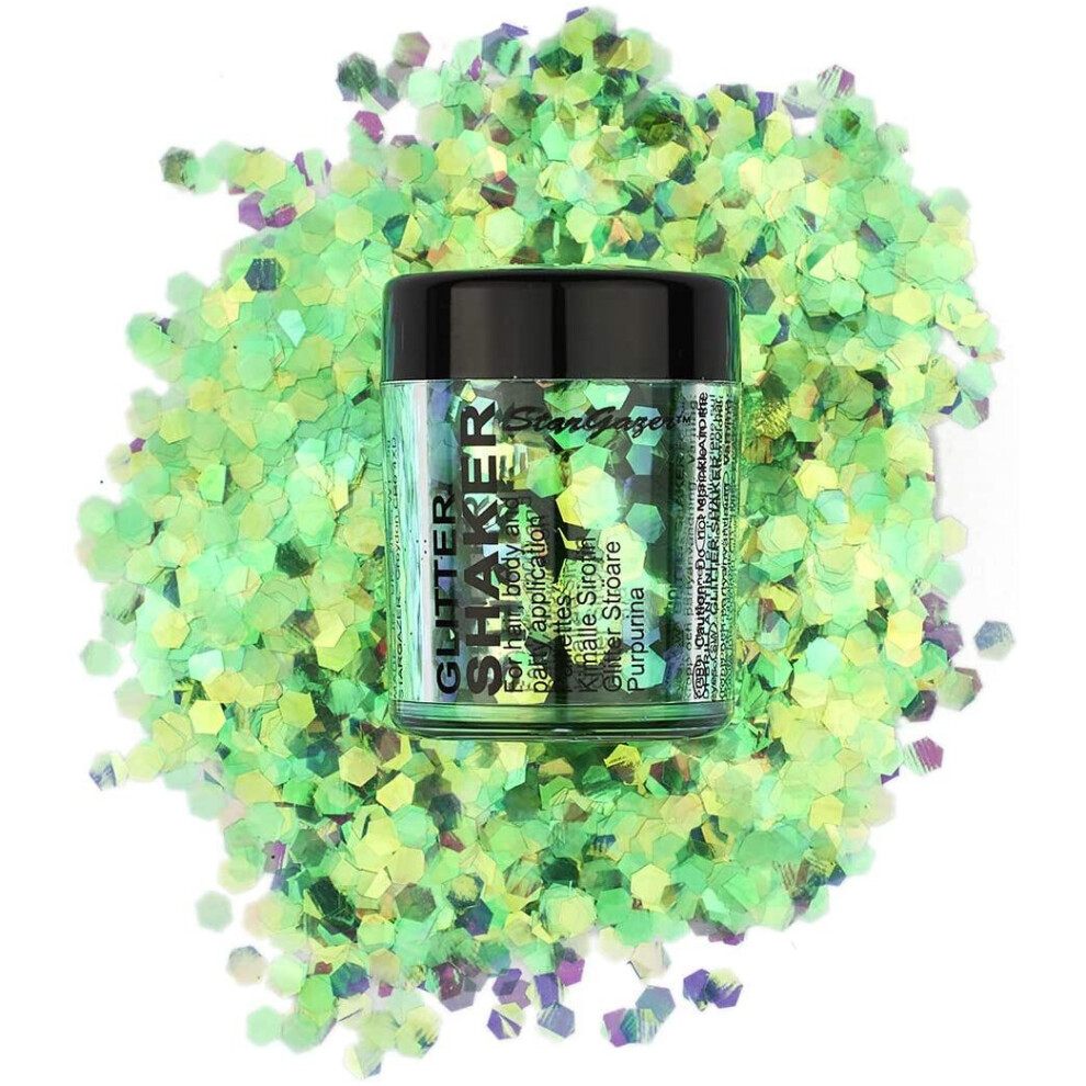 Stargazer Chunky Glitter Shaker, UV Green. Cosmetic glitter for use on the eyes, lips, face, body, hair and nails.