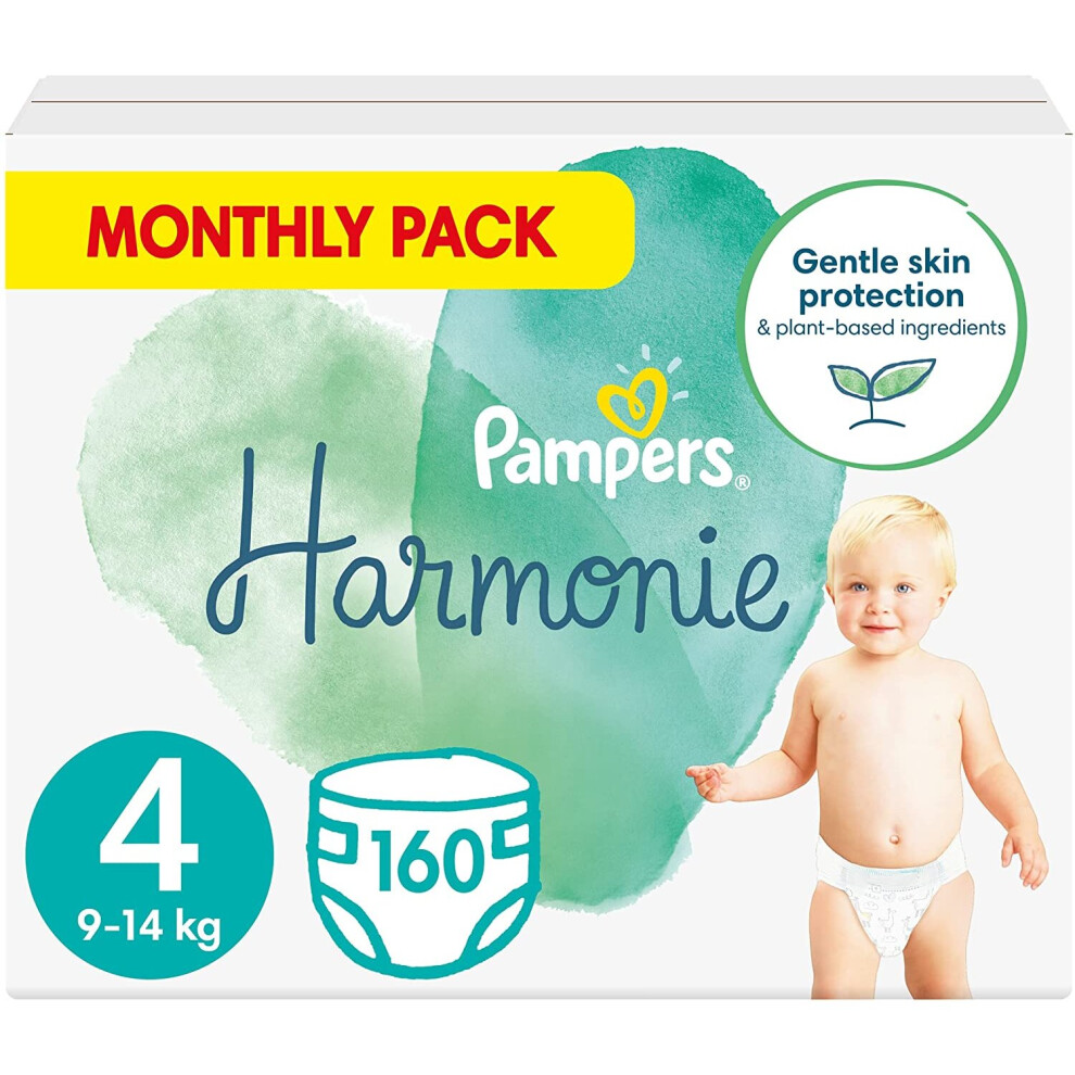 Pampers Baby Nappies Size 4 (9-14 kg / 20-31 lbs), Harmonie, 160 Nappies, MONTHLY SAVINGS PACK, Premium Cotton and Plant-Based Fibres - UK Stock