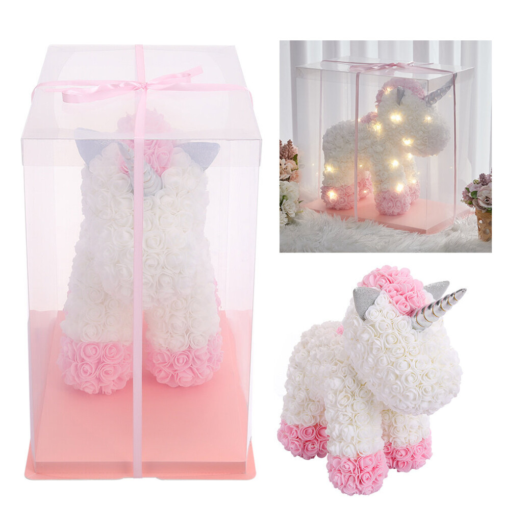 (White, Pink Legs) 40cm Foam Flower Rose Unicorn Fantasy Valentine Wedding Birthday LED Gift Box
