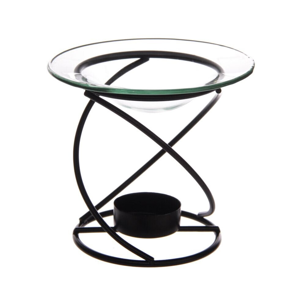 Thin Spiral Black Metal Oil & Wax Burner with Glass Dish