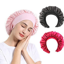 3-pack satijnen slaapmutsjes met brede elastische band, zijden wikkel en zachte hoofdbedekking. Slaapmutsje voor vrouwen en meisjes met krullend haar