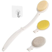 LFJ Bath Brush, 3 in 1 Foldable Long Handle Body Back Scrubber with Brush Sponge Pumice Head for Shower, Exfoliating or Dry Skin Brushing