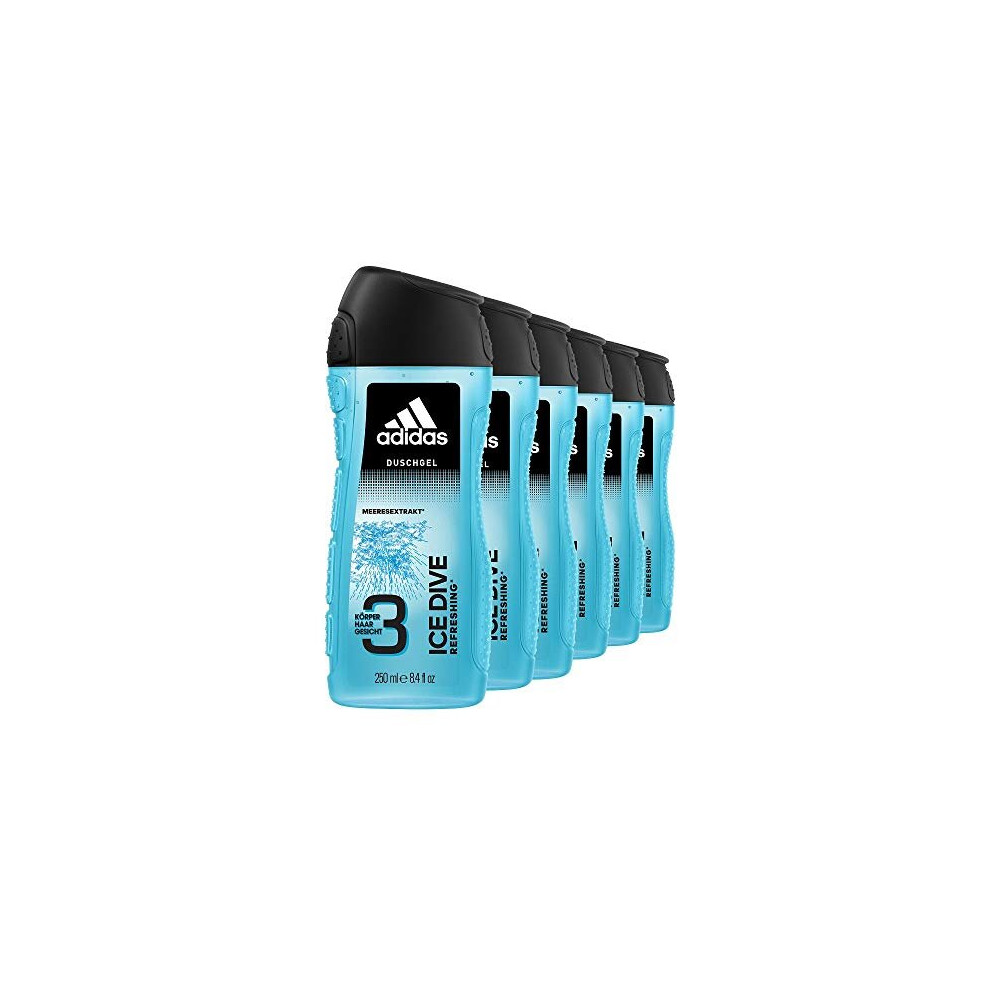 adidas Ice Dive Shower Gel with 3-in-1 Formula for Face, Body and Hair and a Long-lasting Fresh Feel, Shower Gel Set in 6 Pack (6 x 250 ml)