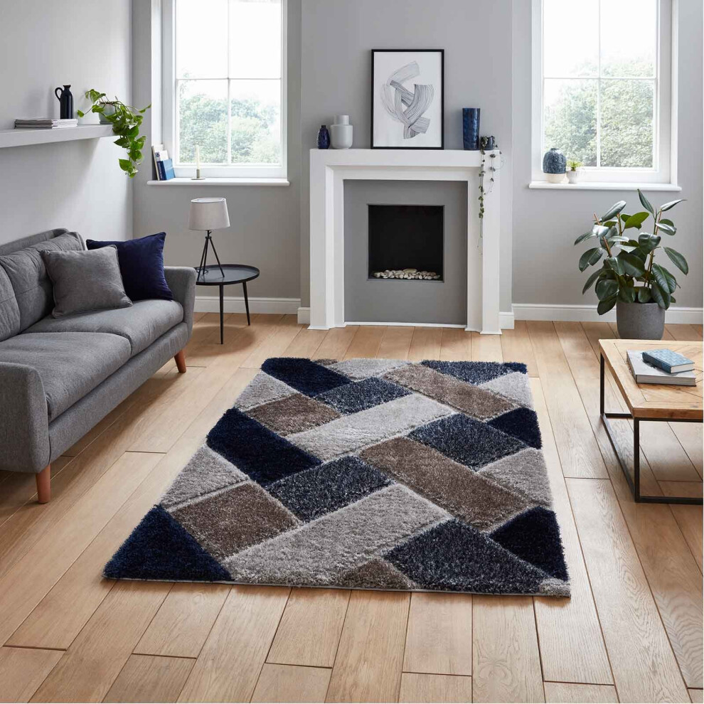 (Grey / Navy, 80 x 150 cm) Modern 3D Geometric Rugs Hand Carved Small Large Bedroom Living Room Rug Carpet Multi Coloured Colourful Mat By THINK RUGS