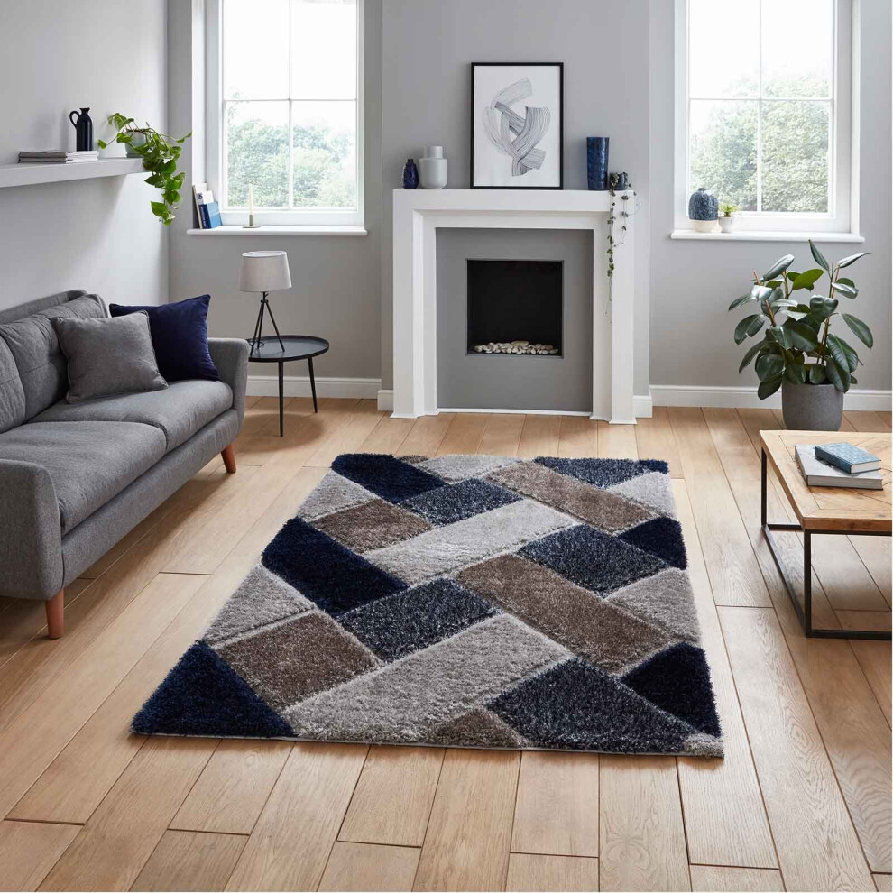 Think Rugs (Grey / Navy, 80 X 150 Cm) Modern 3D Geometric Rugs Hand Carved Small Large Bedroom Living Room Rug Carpet Multi Coloured Colourful Mat By