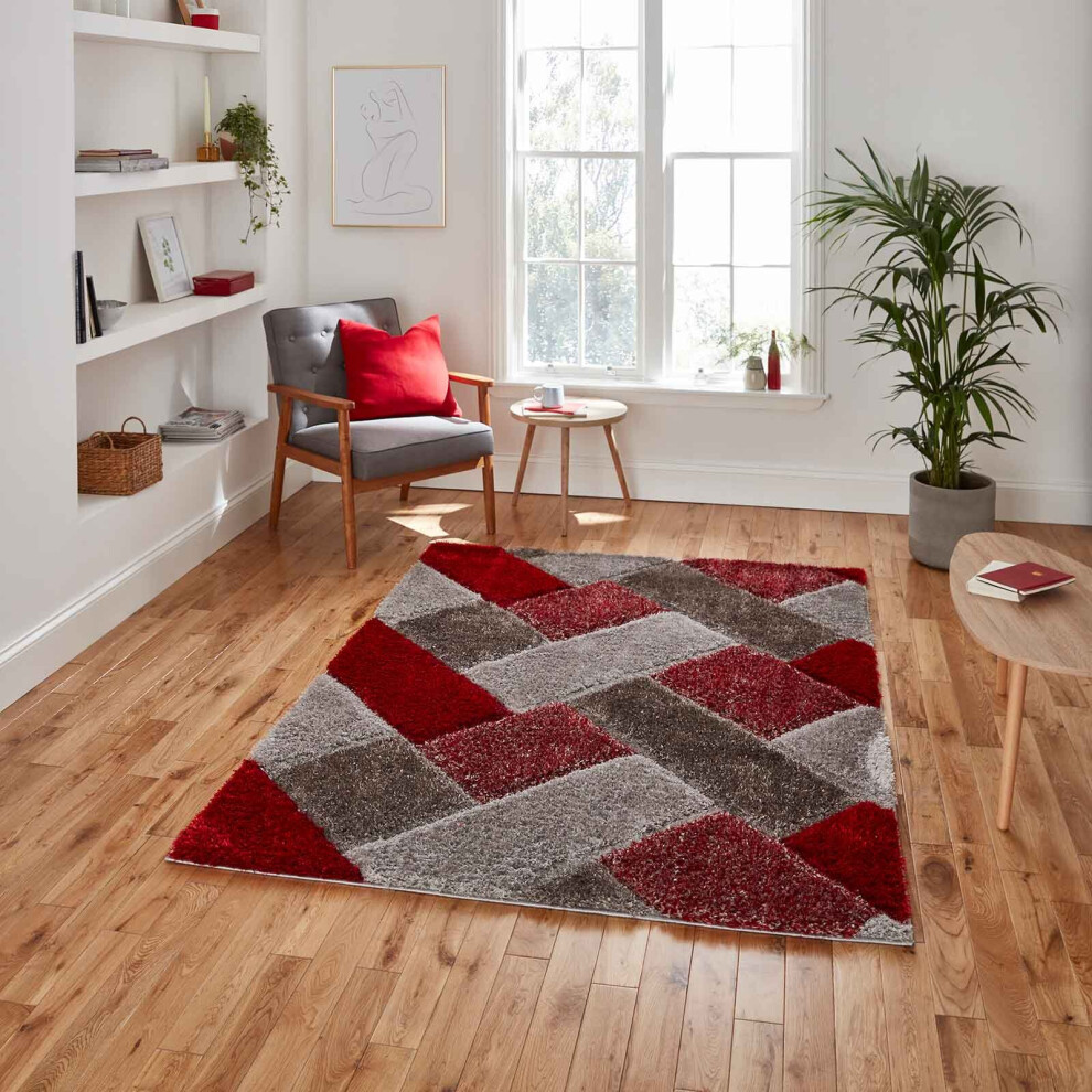 (Grey / Red, 120 x 170 cm) Modern 3D Geometric Rugs Hand Carved Small Large Bedroom Living Room Rug Carpet Multi Coloured Colourful Mat By THINK RUGS