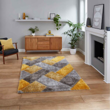 (Grey / Yellow, 80 x 150 cm) Modern 3D Geometric Rugs Hand Carved Small Large Bedroom Living Room Rug Carpet Multi Coloured Colourful Mat By THINK RUGS