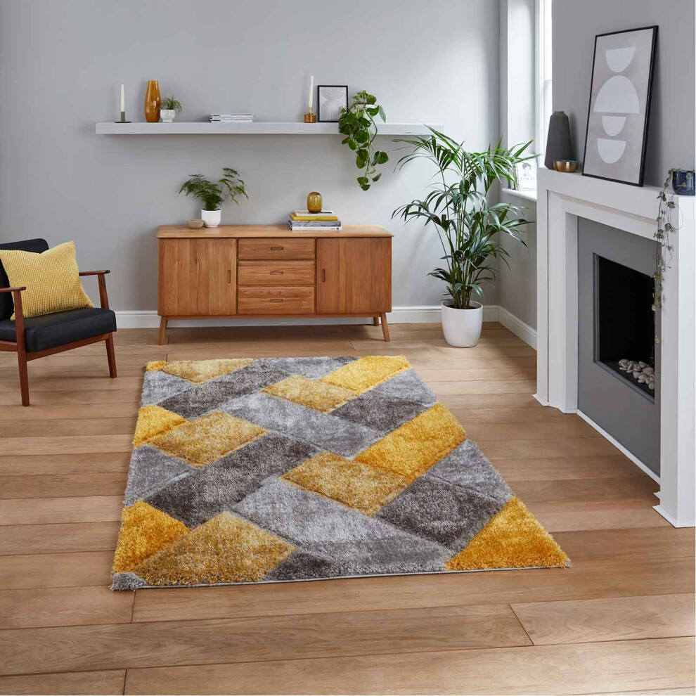 (Grey / Yellow, 80 x 150 cm) Modern 3D Geometric Rugs Hand Carved Small Large Bedroom Living Room Rug Carpet Multi Coloured Colourful Mat By THINK RUG