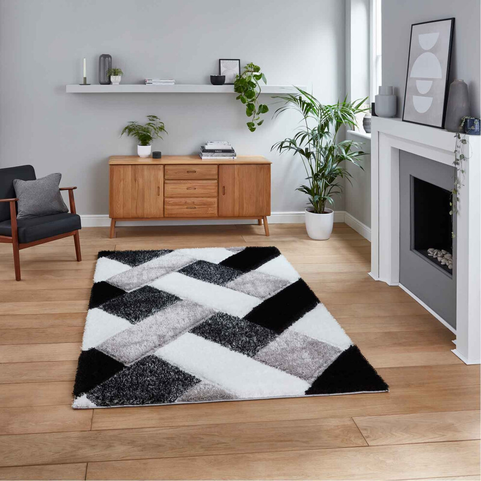 (Black / White, 160 x 220 cm) Modern 3D Geometric Rugs Hand Carved Small Large Bedroom Living Room Rug Carpet Multi Coloured Colourful Mat By THINK RUGS