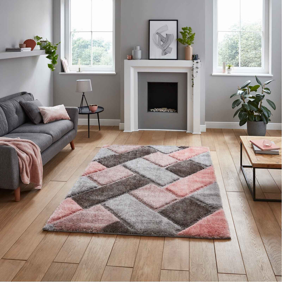 (Grey / Pink, 160 x 220 cm) Modern 3D Geometric Rugs Hand Carved Small Large Bedroom Living Room Rug Carpet Multi Coloured Colourful Mat By THINK RUGS