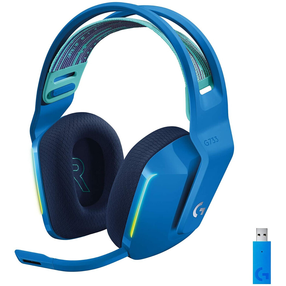 Logitech G733 LIGHTSPEED Wireless Gaming Headset with suspension headband, LIGHTSYNC RGB, Blue VO!CE mic technology and PRO-G audio drivers,