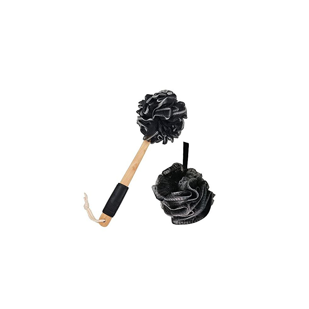 Chikoni Loofah Sponge Bath Body Brush Back Scrubber With Long Wooden Handle, Handheld Luffa Pouf On A Stick For Body, Bath Sponge For Exfoliating, Detox