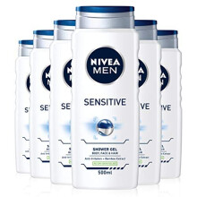 NIVEA MEN Sensitive Shower Gel Pack of 6 (6 x 500ml), Alcohol-Free Sensitive Skin Shower Gel, Gentle Shower Gel for Men, Shower Gel for Irritated