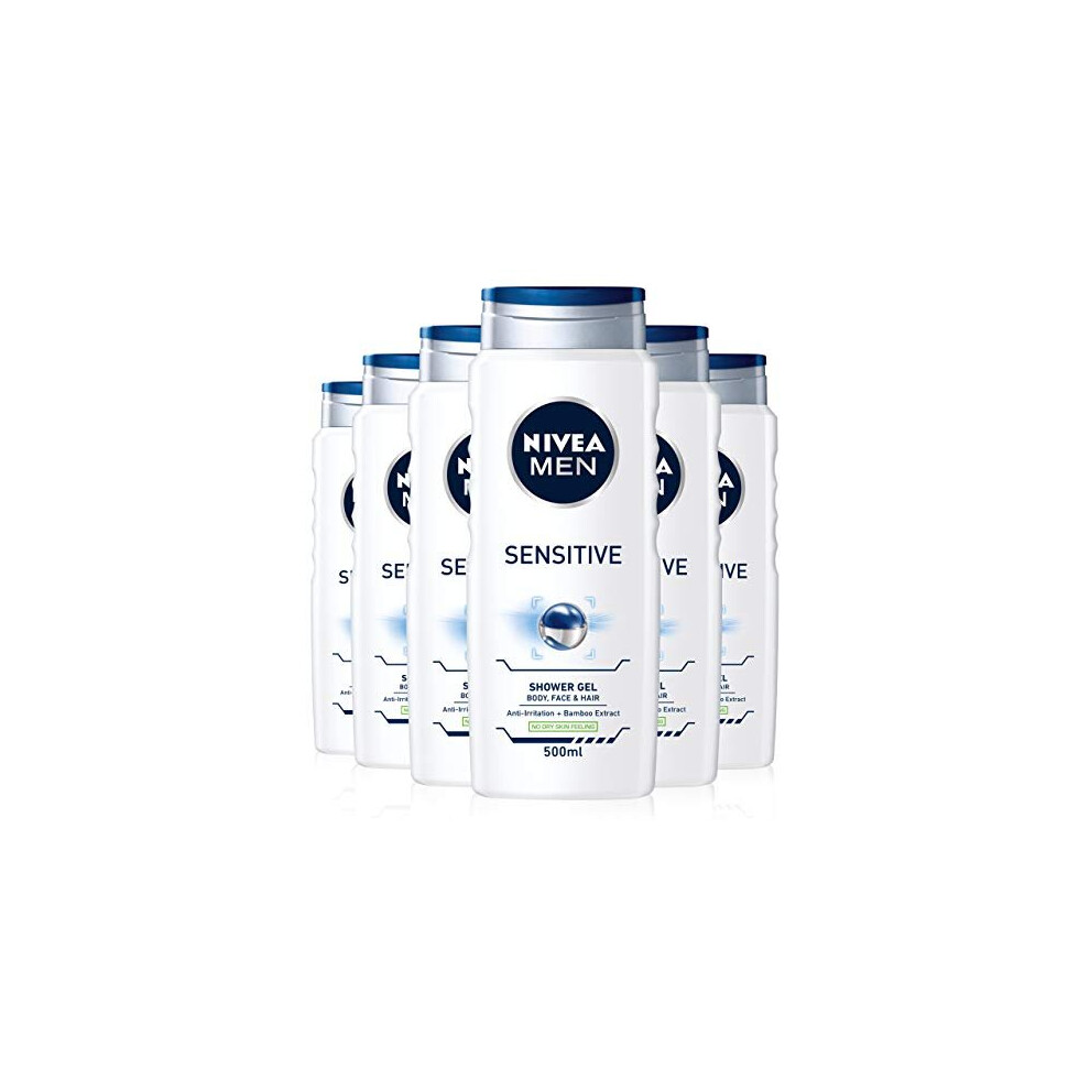 NIVEA MEN Sensitive Shower Gel Pack of 6 (6 x 500ml), Alcohol-Free Sensitive Skin Shower Gel, Gentle Shower Gel for Men, Shower Gel for Irritated