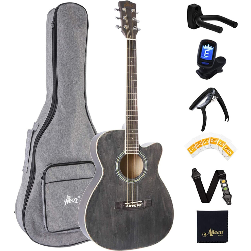 Winzz Kids Guitar Folk 36 Inches, 3/4 Size Acoustic Guitar Black Beginner Kit