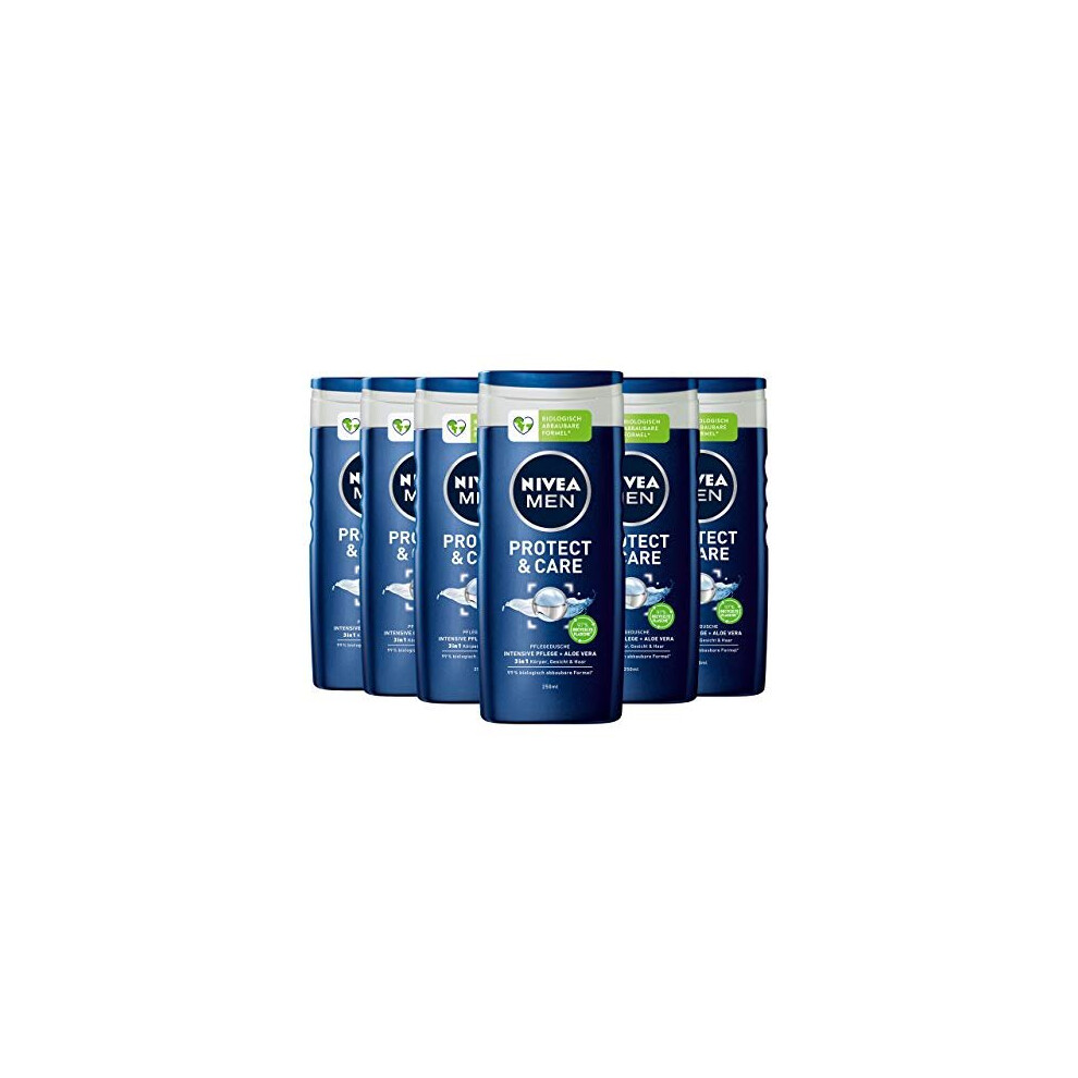 NIVEA MEN Protect & Care Shower Gel (6 x 250 ml), Moisturising Shower Gel with Aloe Vera, Mild Shower for Masculine Nourished Skin