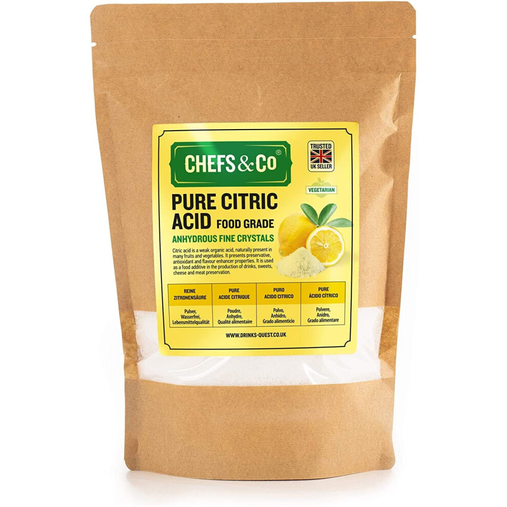 CHEFS & CO Pure Citric Acid -1kg | Powder | Anhydrous | 100% Pure Food Grade Fine Crystals | GMO-Free | Premium Quality | Vegan | Gluten-Free |