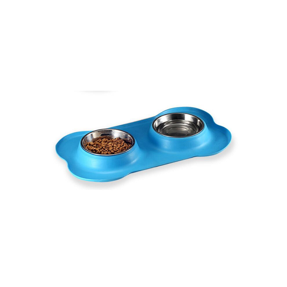 (Blue) Stainless Steel Pet Bowl with Non-Skid Silicone Mat Feeder Double Bowls Set for Dogs Cats and Pets