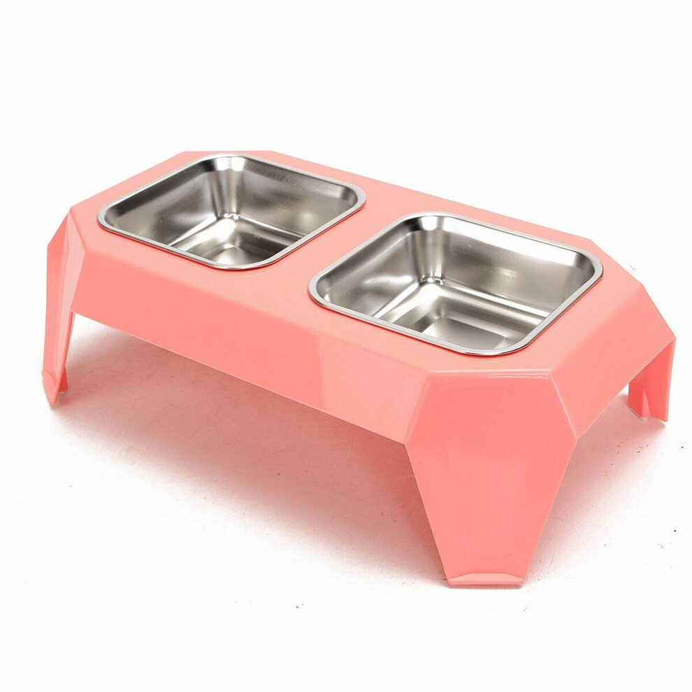 (Pink) Stainless Steel Double Pet Bowl Food Water Feeder for Dog Puppy Cats Pets Supplies Feeding Dishes