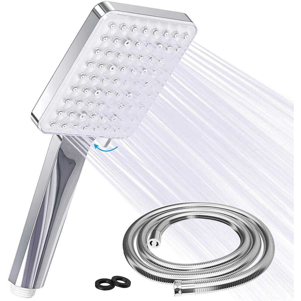 Square Shower Head With 1.5 m Stainless Steel Hose Hand 6 Jet Types Large Water-Saving High Pressure Chrome Universal For Bathing And Spa