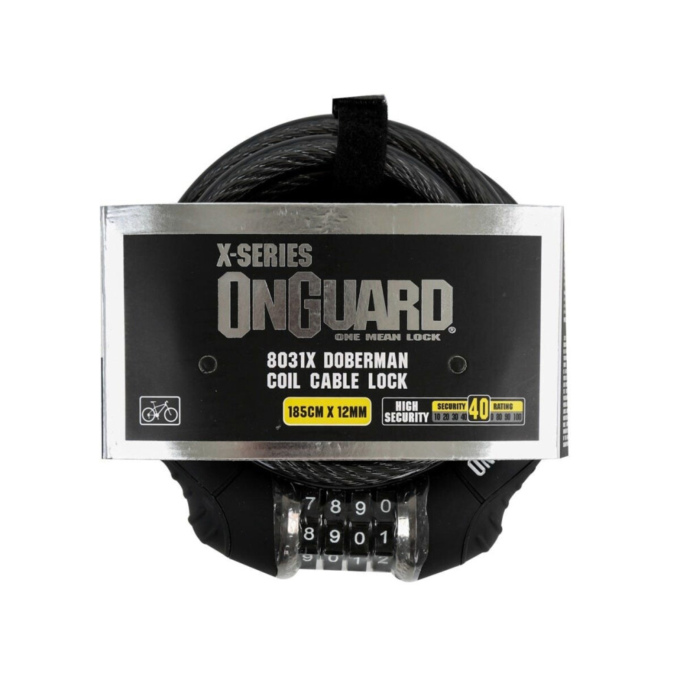Onguard X Doberman 8031 Combo Cable Lock - 185Cm X 12Mm Self-Coiling Steel Cable, 10,000-Combo, Bracket Included