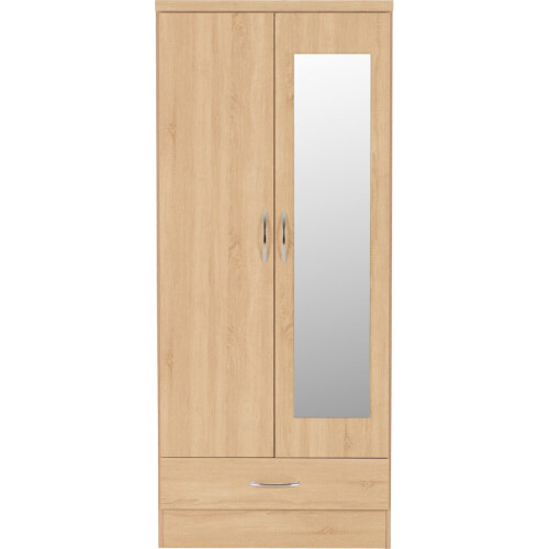 Nevada Mirrored 2 Door 1 Drawer Wardrobe in Sonoma Oak Effect 1