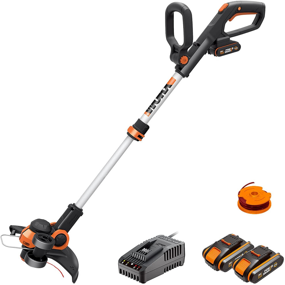 WORX 20V Cordless Grass Trimmer WG163E.3 with Fast Charger, 2 x 2,0Ah Batteries, PowerShare, 2-in-1 Grass Trimmer/Edger, 90Â° Head pivots, Command