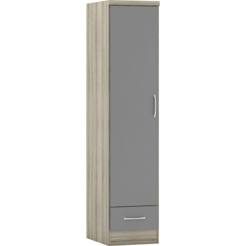 (Grey Gloss) Nevada 1 Door 1 Drawer Wardrobe Light Oak Effect