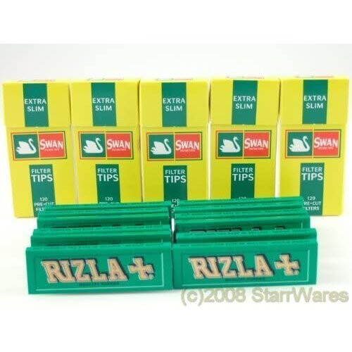 Rizla Green Rolling Papers with Swan Extra Slim Filter Tips (600) – 600-Count Paper & Tip Pack