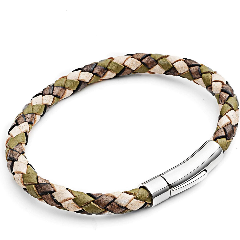 Men's Leather Bracelet  Camo Plaited 21cm by Tribal Steel  Riveted Stainless Steel Rocker Clasp  Quality Gift for Men