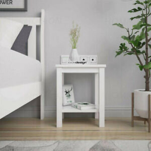 Bedside Table 2 Tier Small Nightstand Unit MDF Wood White Mat Painted With Shelf