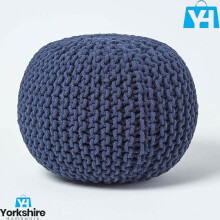 (Navy Blue) Cotton Knitted Moroccan 50cm Pouffe & Footstool Round Large Chunky Ottoman Stool