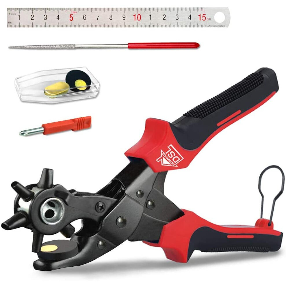 DSL 10'' Belt Hole Puncher Power Assist Heavy Duty Revolving Eyelet Punch Pliers with Spare Accessories, Punching and Maintenance Tools