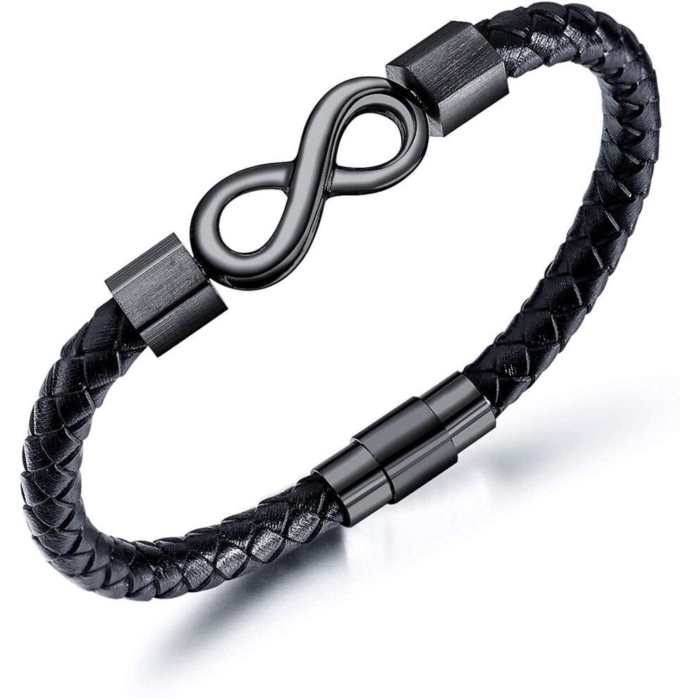 Feilok Men's Braided Leather Bracelet Classic Style Titanium Clasp with Magnets Infinity