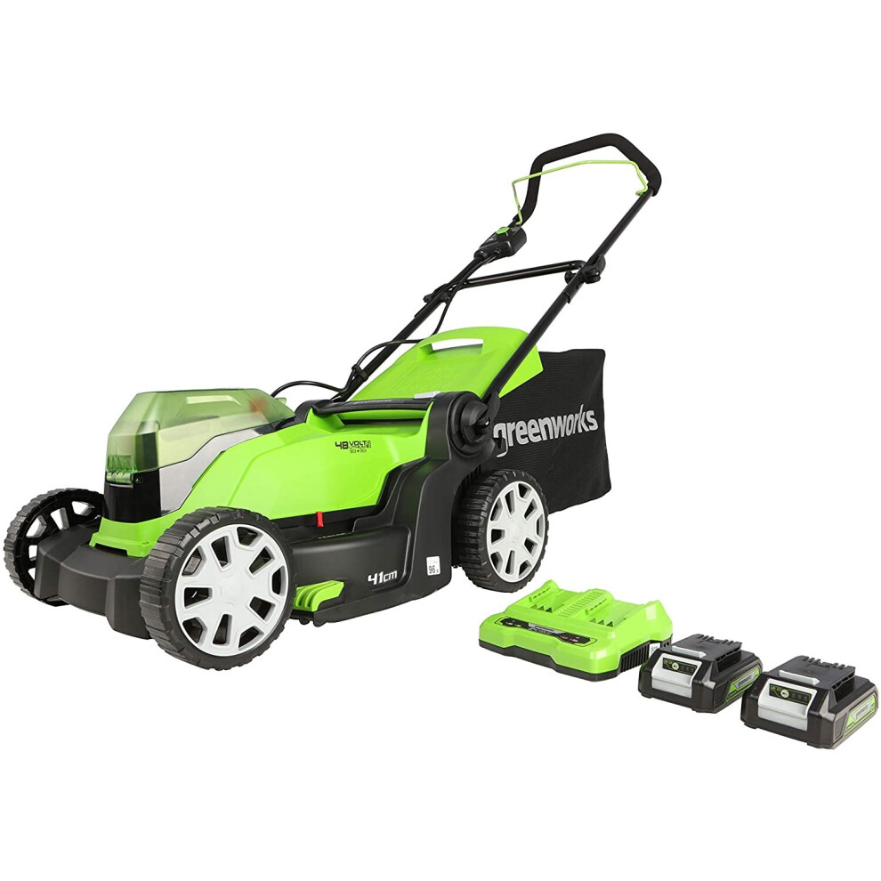 Greenworks Tools Battery Mower G24X2LM412x (Li-Ion 24 V 41 cm Cutting Width Up to 220 m² 50 Litre Grass Catcher Box 6-Fold Central Cutting Height