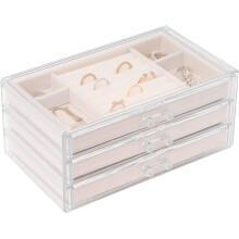 Sasha Morel Jewellery Box for Women with 3 Drawers, Velvet Jewellery Organiser for Earring Bangle Bracelet Necklace and Rings Storage Clear Acrylic