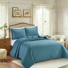 (Blue , Single) 3Pcs Luxury Embossed INSPIRATION Quilted Bedspread